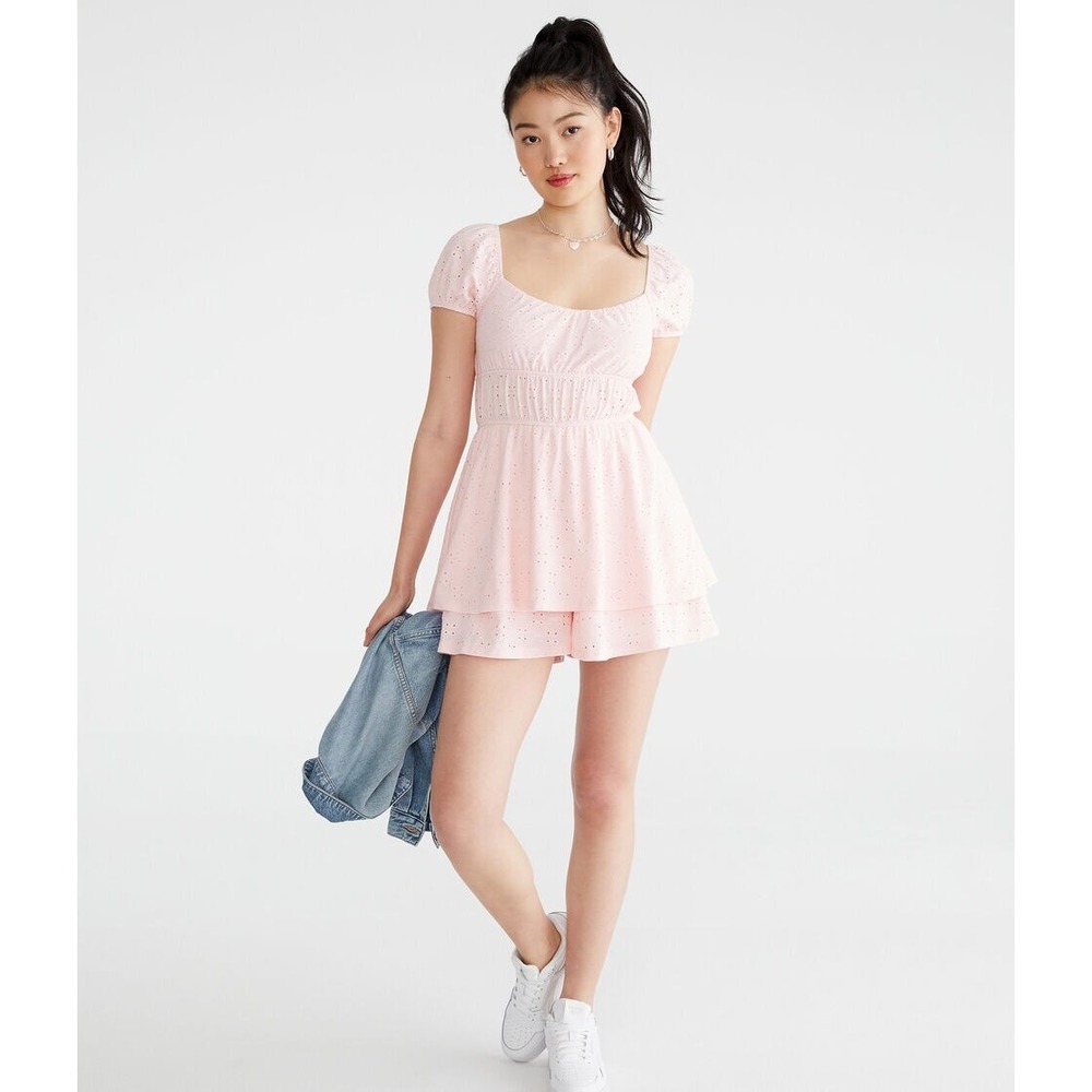 Aeropostale Pink Eyelet Smocked Tiered Ruffle Romper XS Short Sleeve Scoop Neck
